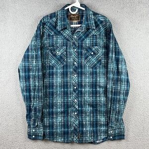 Wrangler Retro Shirt Mens LT Blue Plaid Long Sleeve Western Pearl Snap Geometric